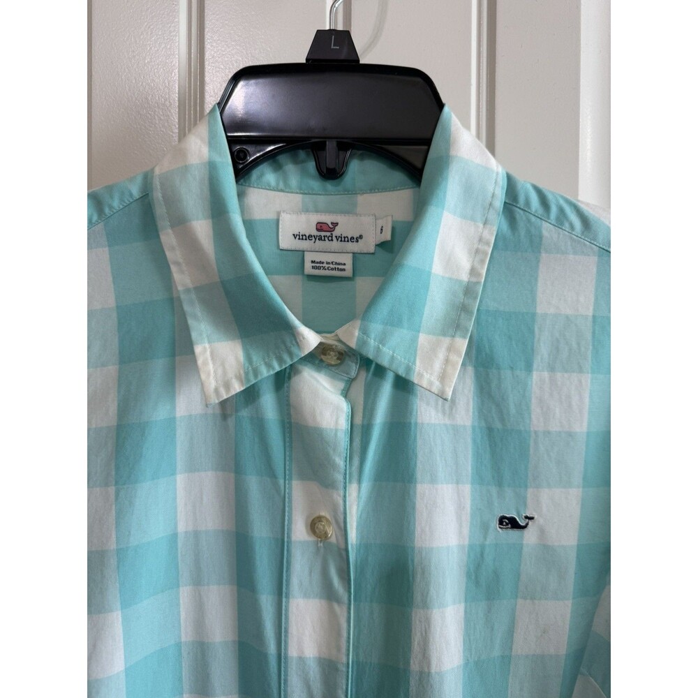 Vineyard Vines Women’s Button Down Shirt Size 6 Teal White Gingham